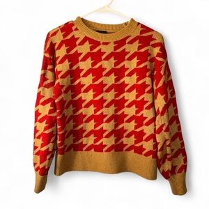 Ann Taylor Red and Tan Houndstooth Sweater